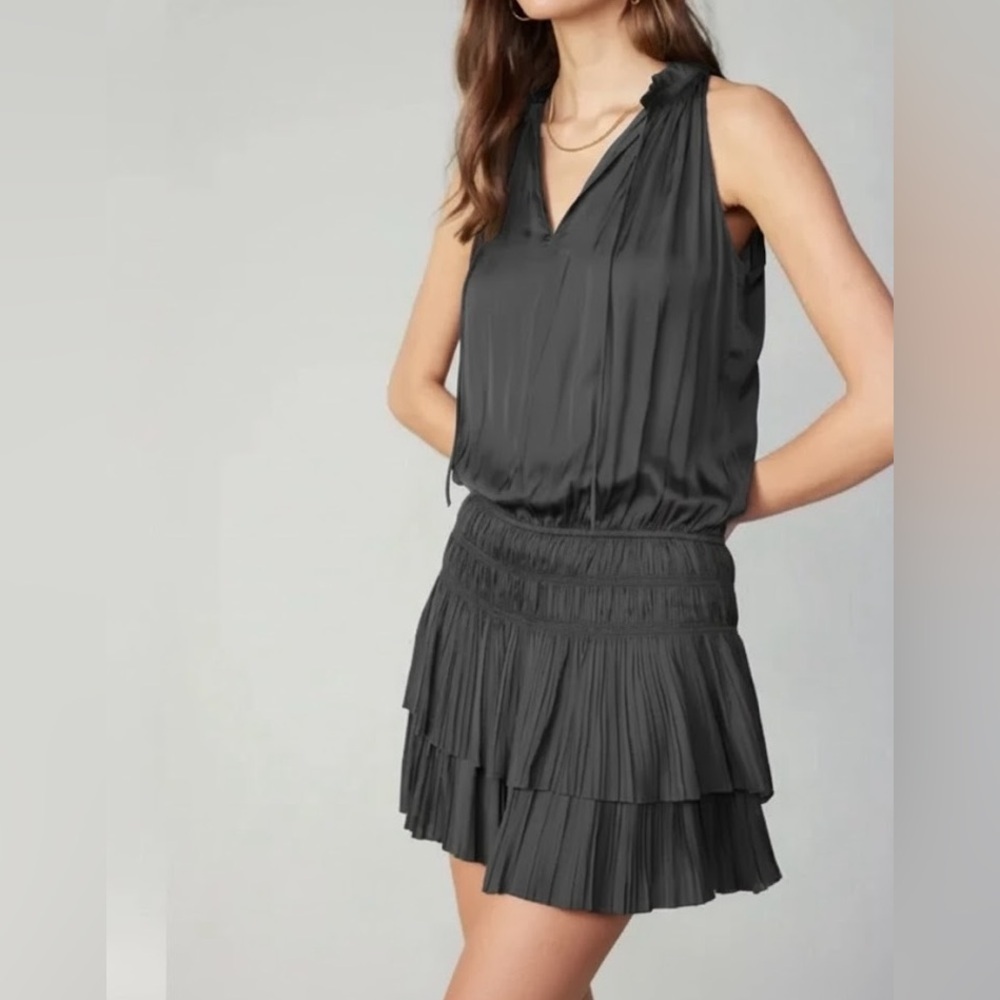 Mustard Seed Gray Silk-Like Sleeveless Tie Neck drop-waist  Tiered Dress, M